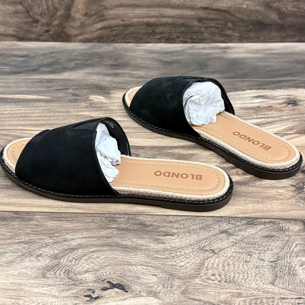 NIB Blondo 8M Waterproof Emilia Black Nubuck Slide Flat Sandals Jute Trim - Picture 6 of 12